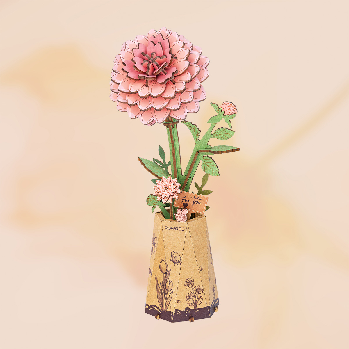 Bouquet de fleurs en bois Rowood, bouquet de dahlias roses dans un pot carré