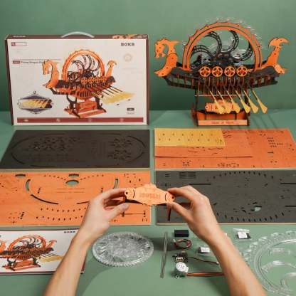 ROKR Viking Dragon Ship LK802 scène d'assemblage avec feuilles de pièces et manuel