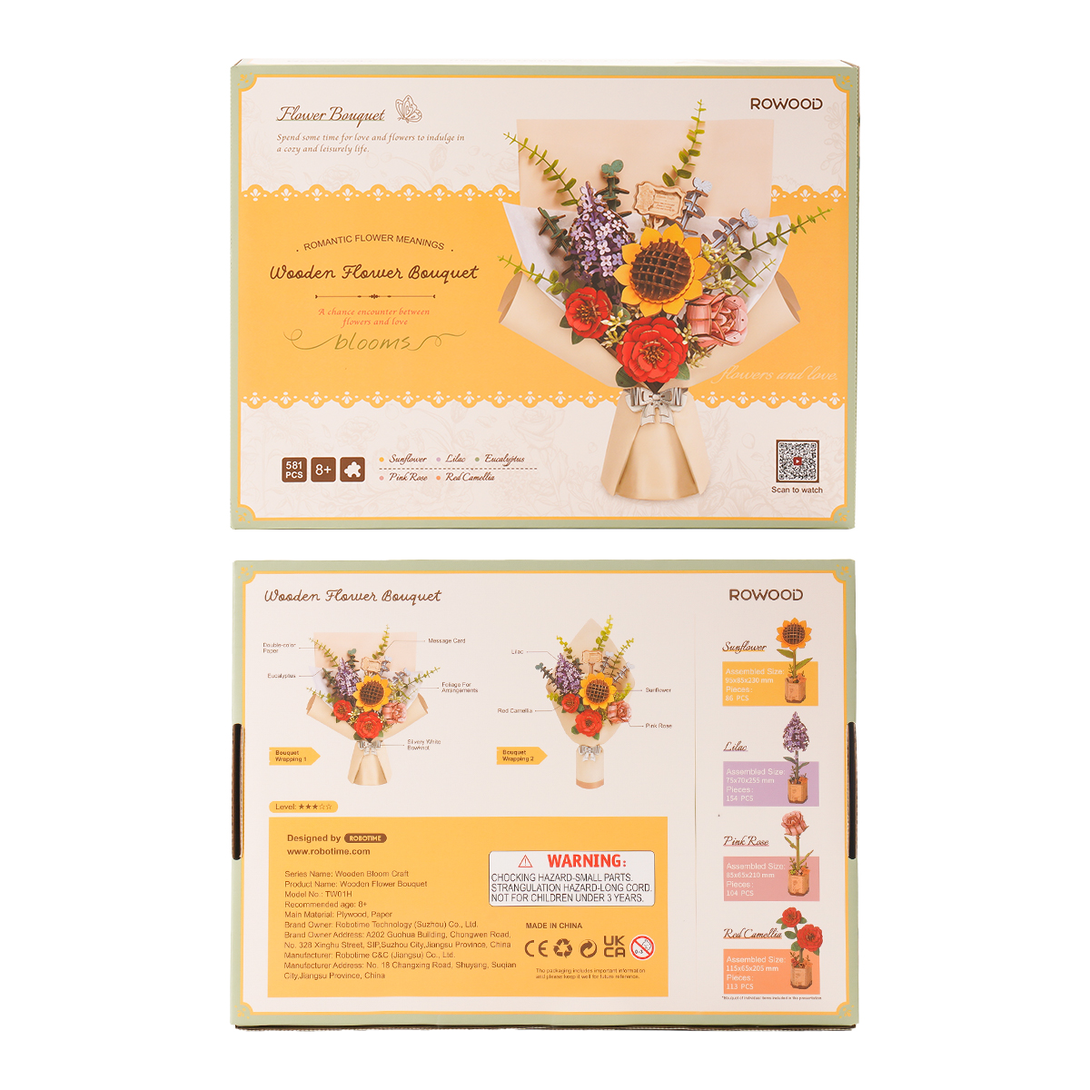 Bouquet de fleurs en bois Rowood emballage et cartes de langage floral