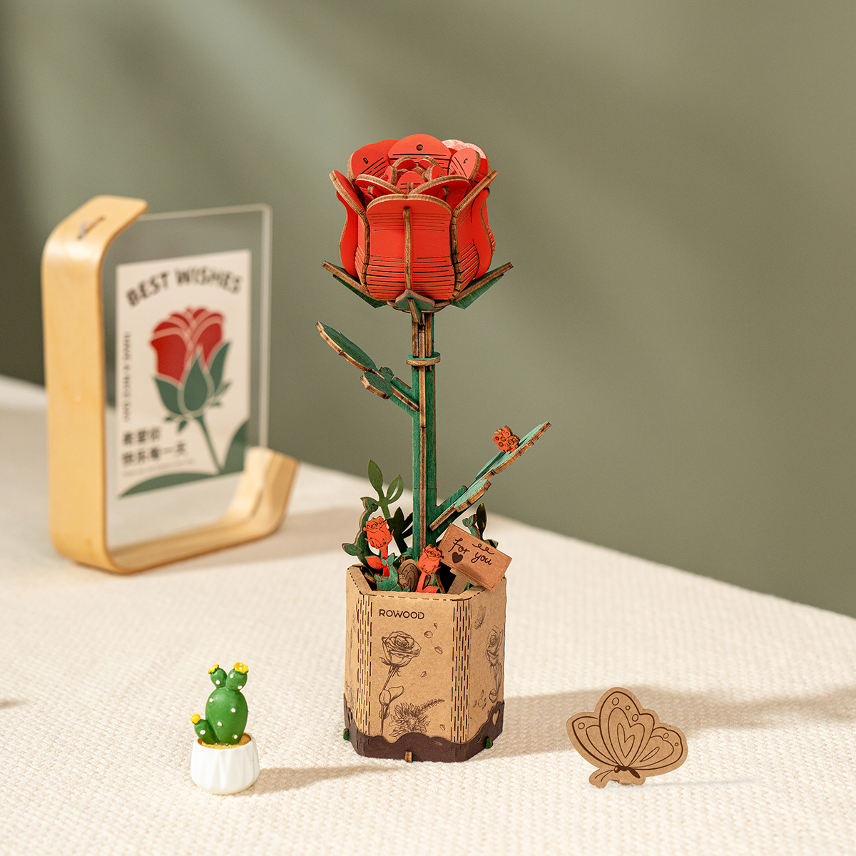 Bouquet de fleurs en bois Rowood, bouquet de roses rouges dans un pot carré