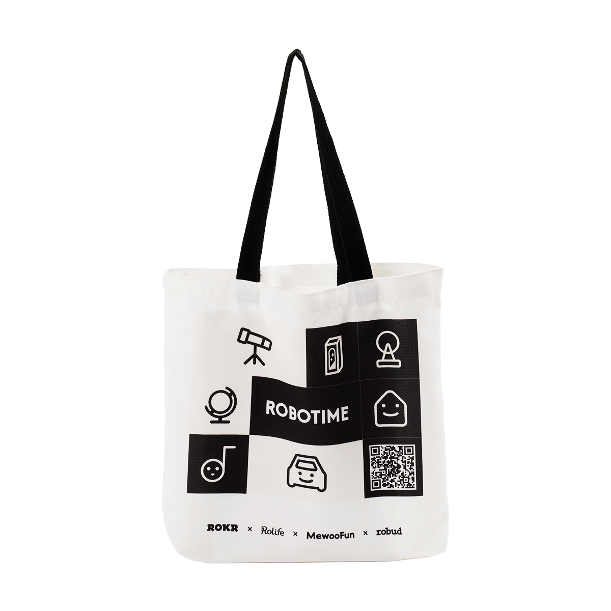 ROBOTIME Borsa in tela borsa tote bianca vista frontale con pannello logo nero