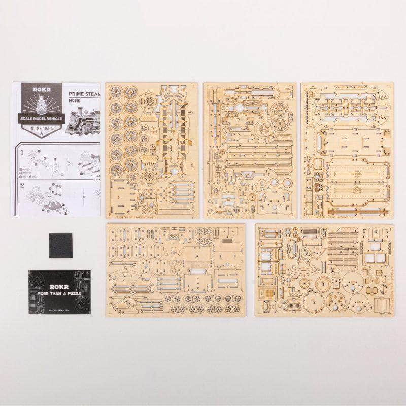 ROKR Prime Steam Express MC501 assembly close-up with laser-cut wooden parts