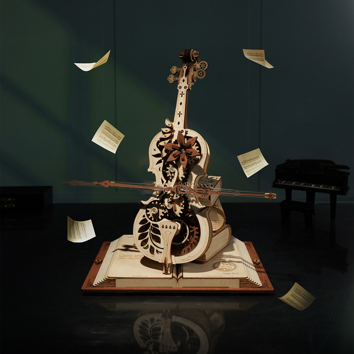 ROKR Symphony of Gorgeous Dreams AMK63M natural wood model with floating music sheets