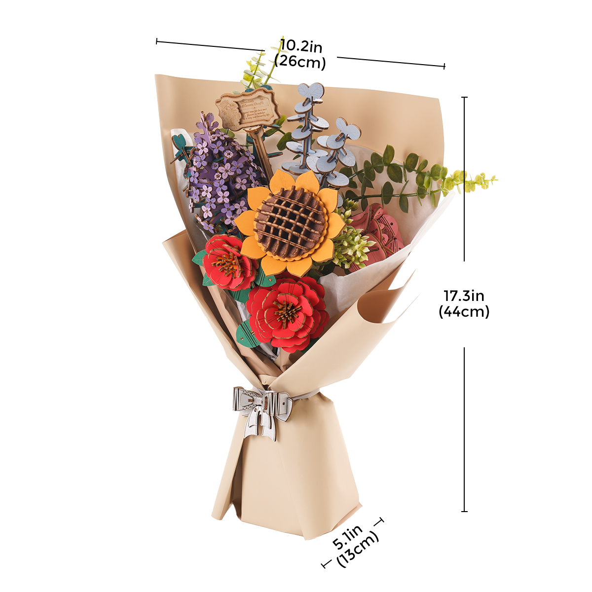 Graphique de taille de bouquet de fleurs en bois Rowood avec dimensions assemblées