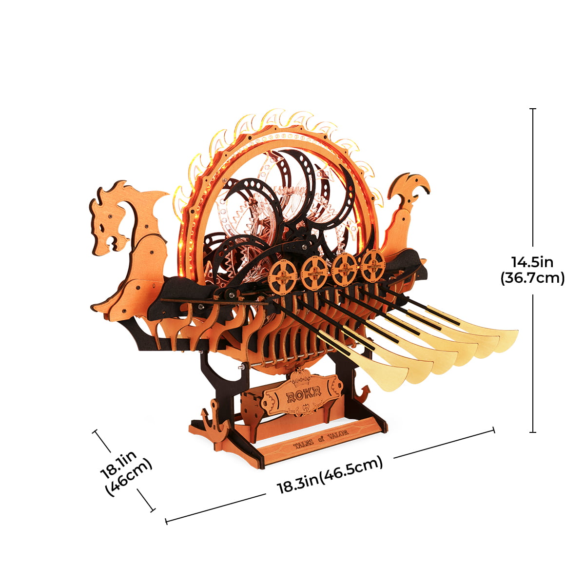 ROKR Viking Dragon Ship LK802 graphique de taille montrant 46,5 cm de longueur et 36,7 cm de hauteur