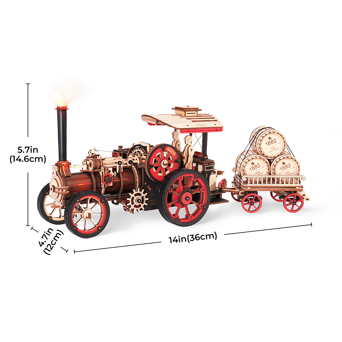 ROKR Steam Engine LKA01 taille graphique avec dimensions assemblées