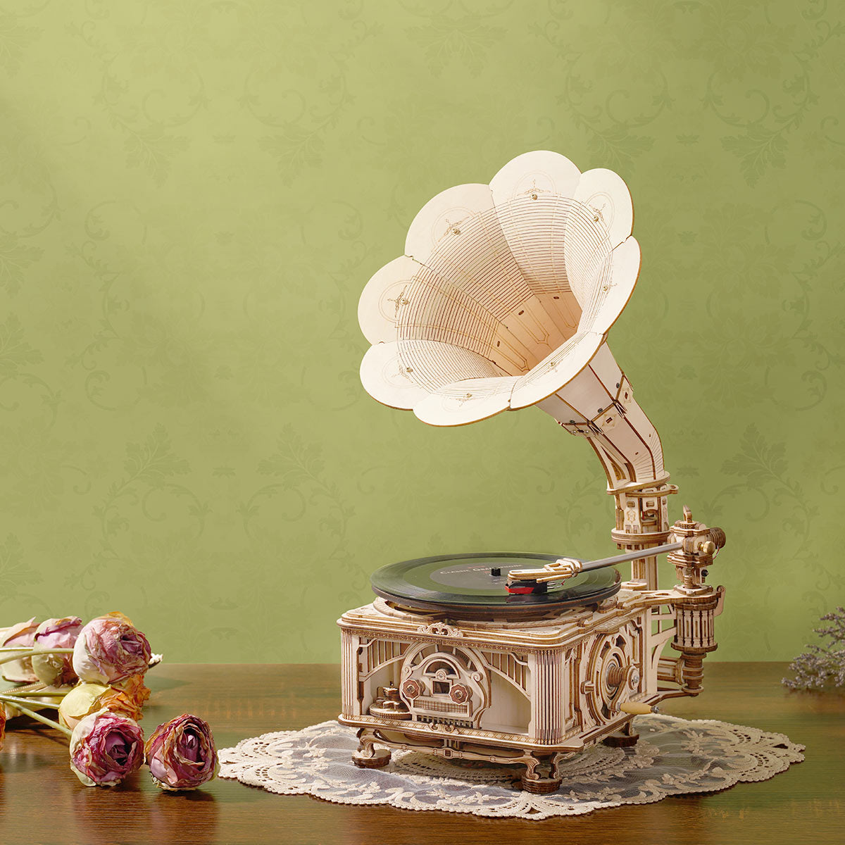 ROKR Classic Gramophone LKB01D elektrische versie op groene achtergrond