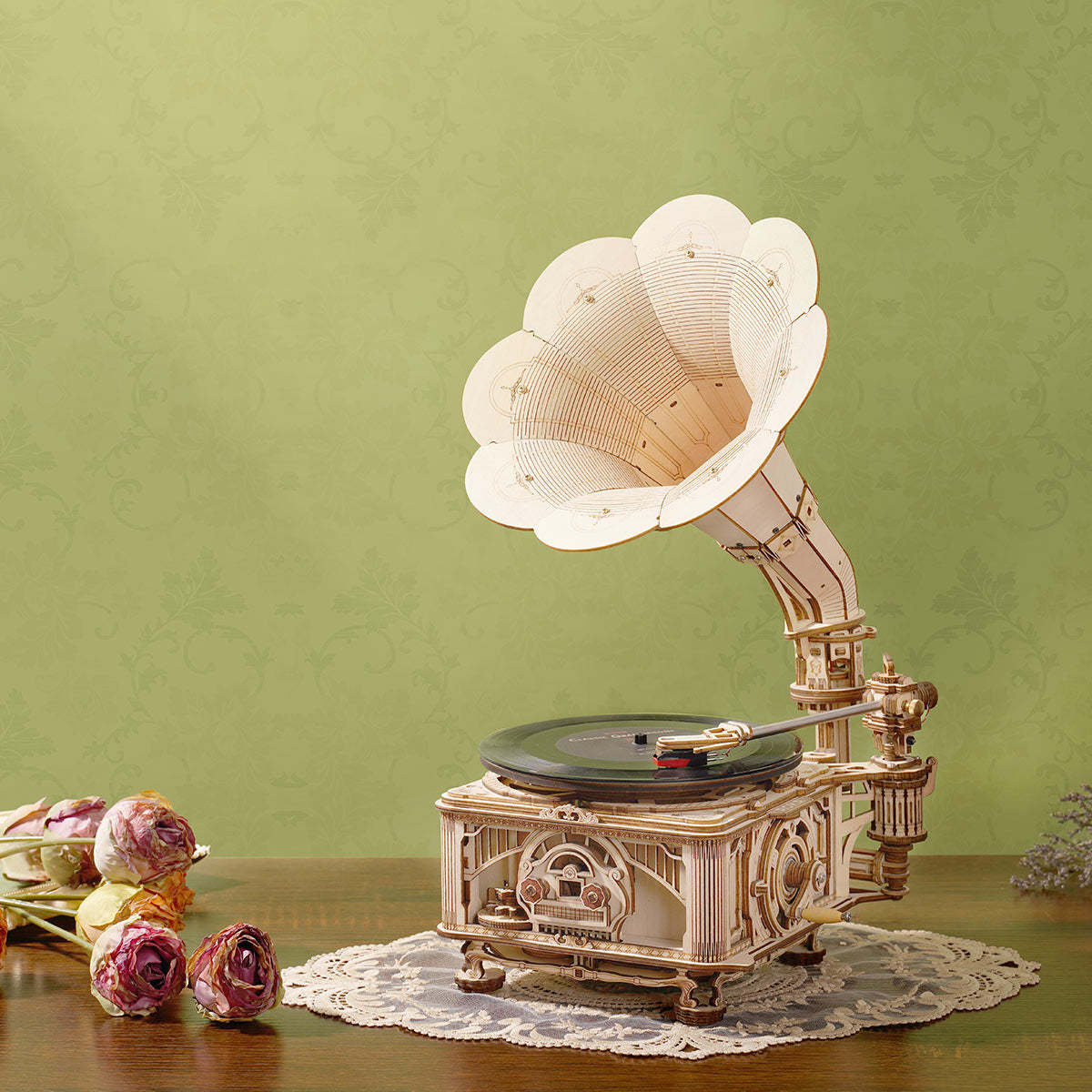 ROKR Classic Gramophone LKB01D electric version on green background