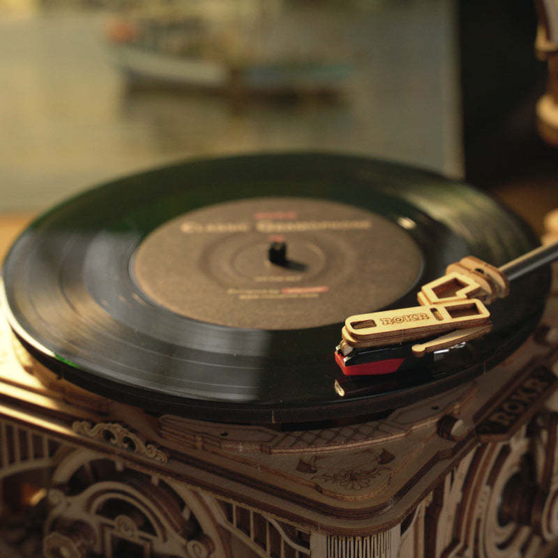 ROKR Classic Gramophone LKB01 close-up van de plaat en gouden toonarm