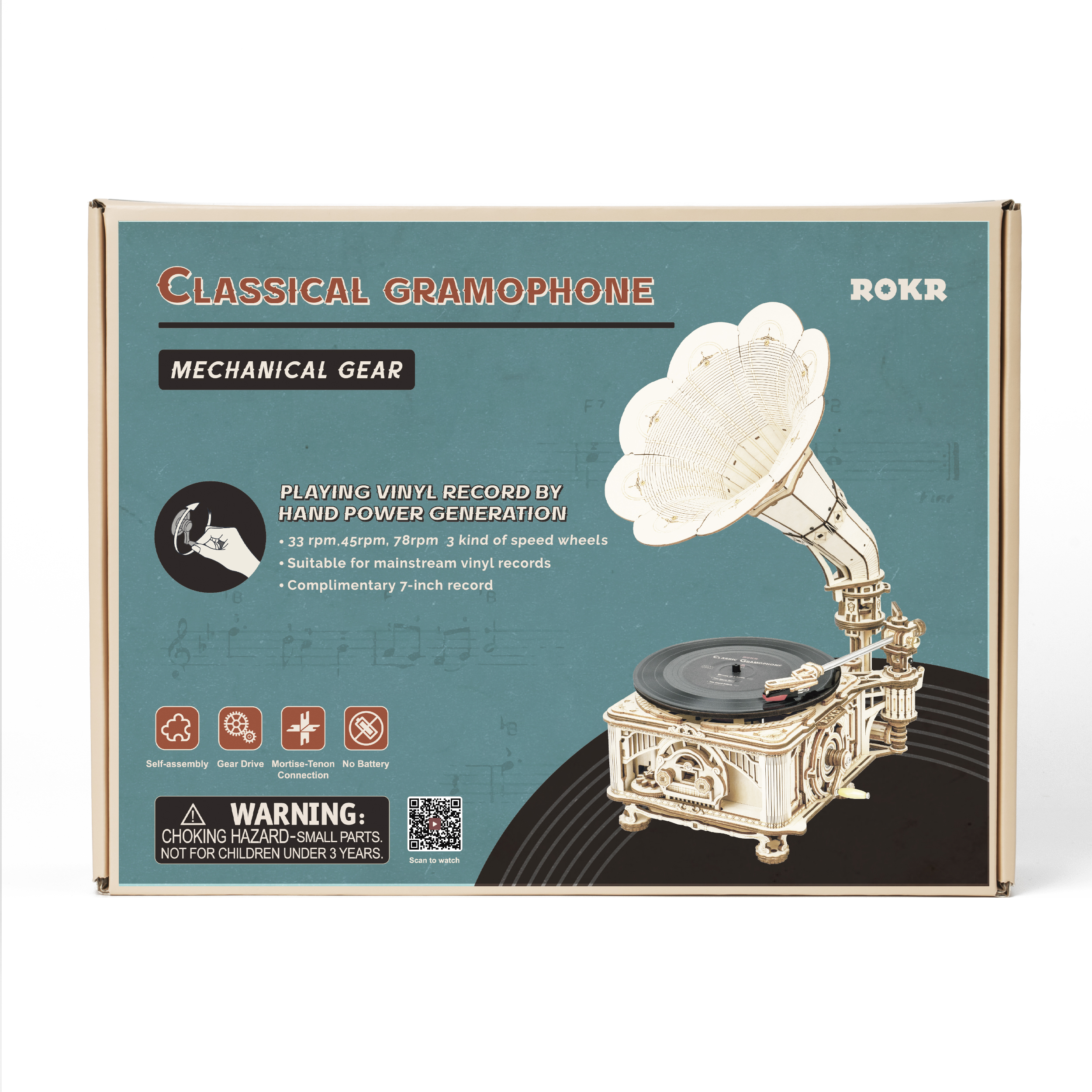 ROKR Classic Gramophone LKB01 pakketdoos met mechanische tandwielbeschrijving