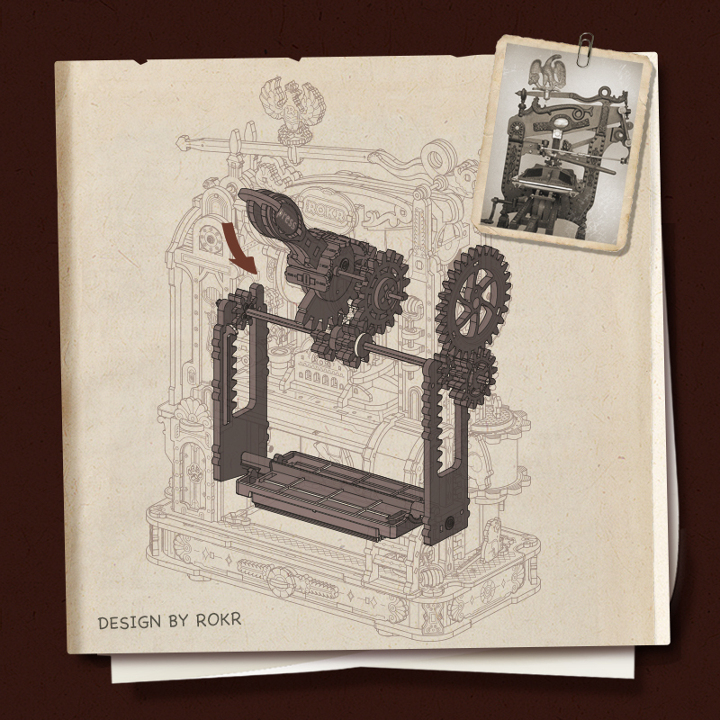 ROKR Classic Printing Press LK602 design sketchbook with press blueprint