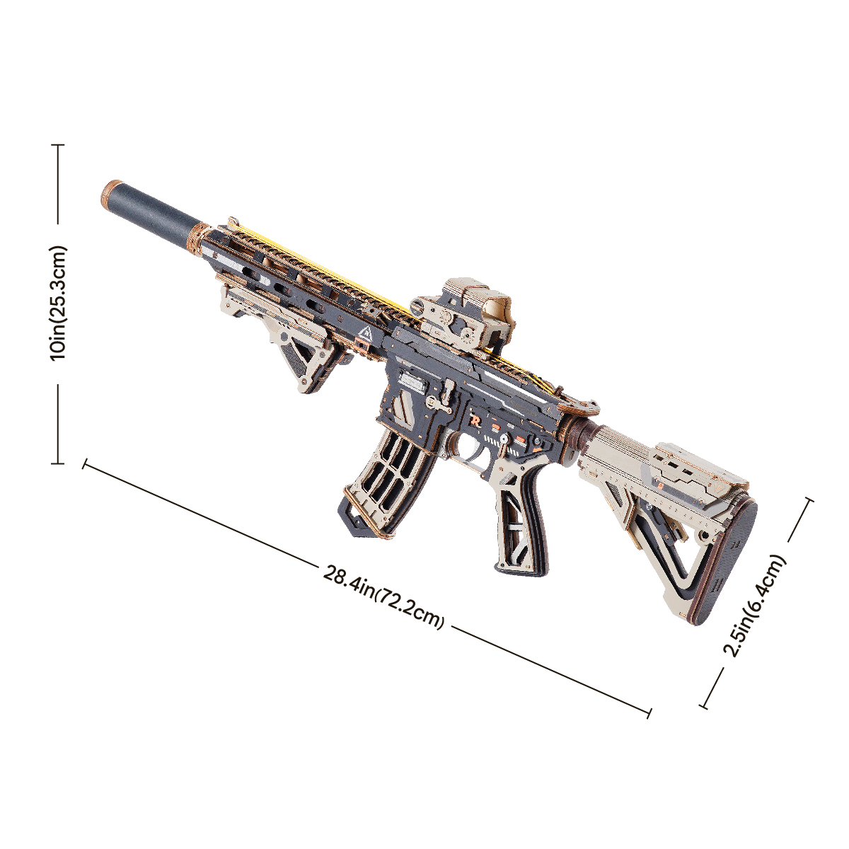 ROKR M416 Carbine LQB02 angled finished model with assembled dimensions