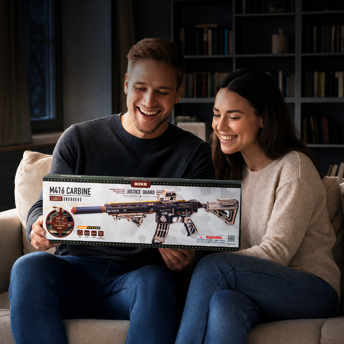 ROKR M416 Carbine LQB02 gift scene with two people holding the product box