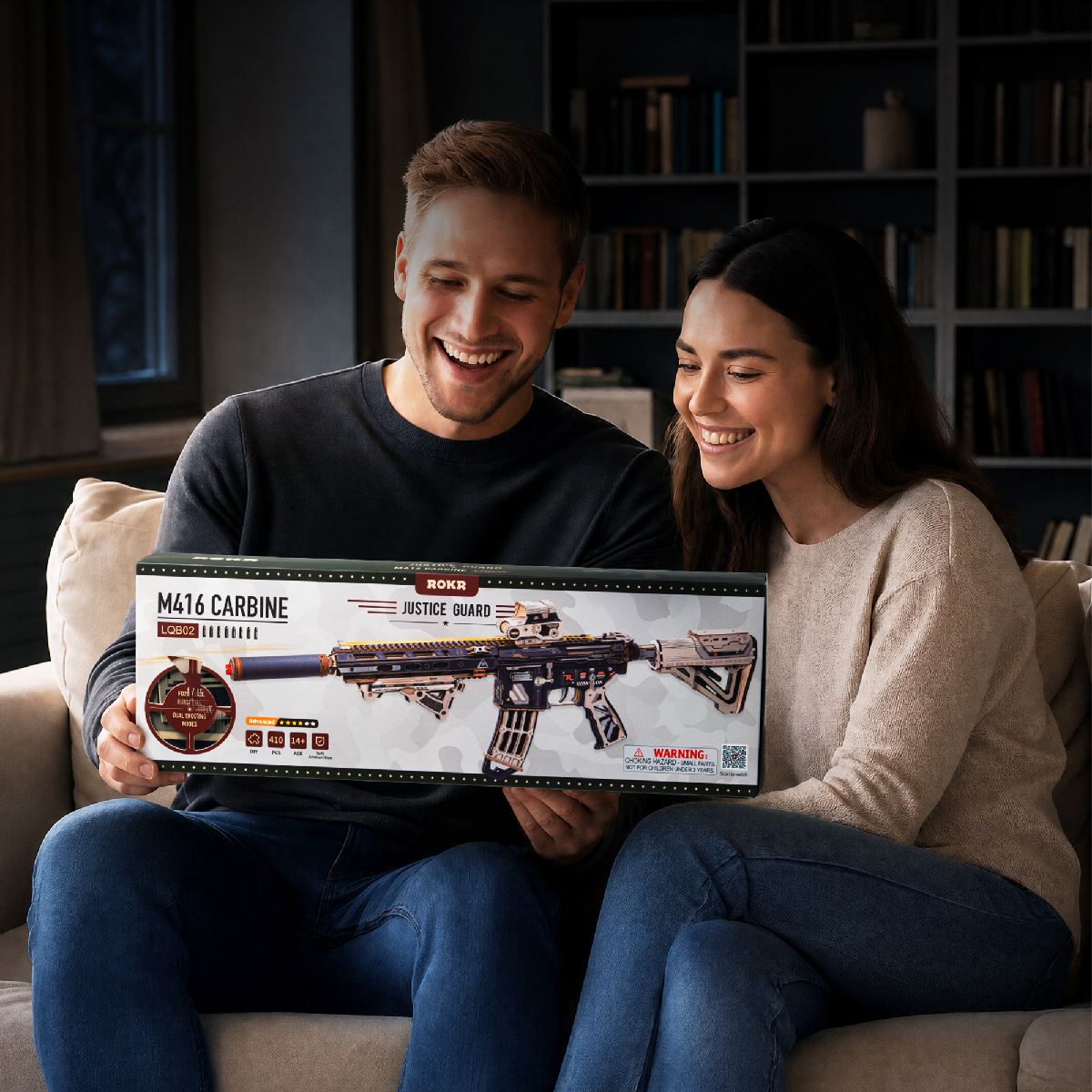 ROKR M416 Carbine LQB02 gift scene with two people holding the product box