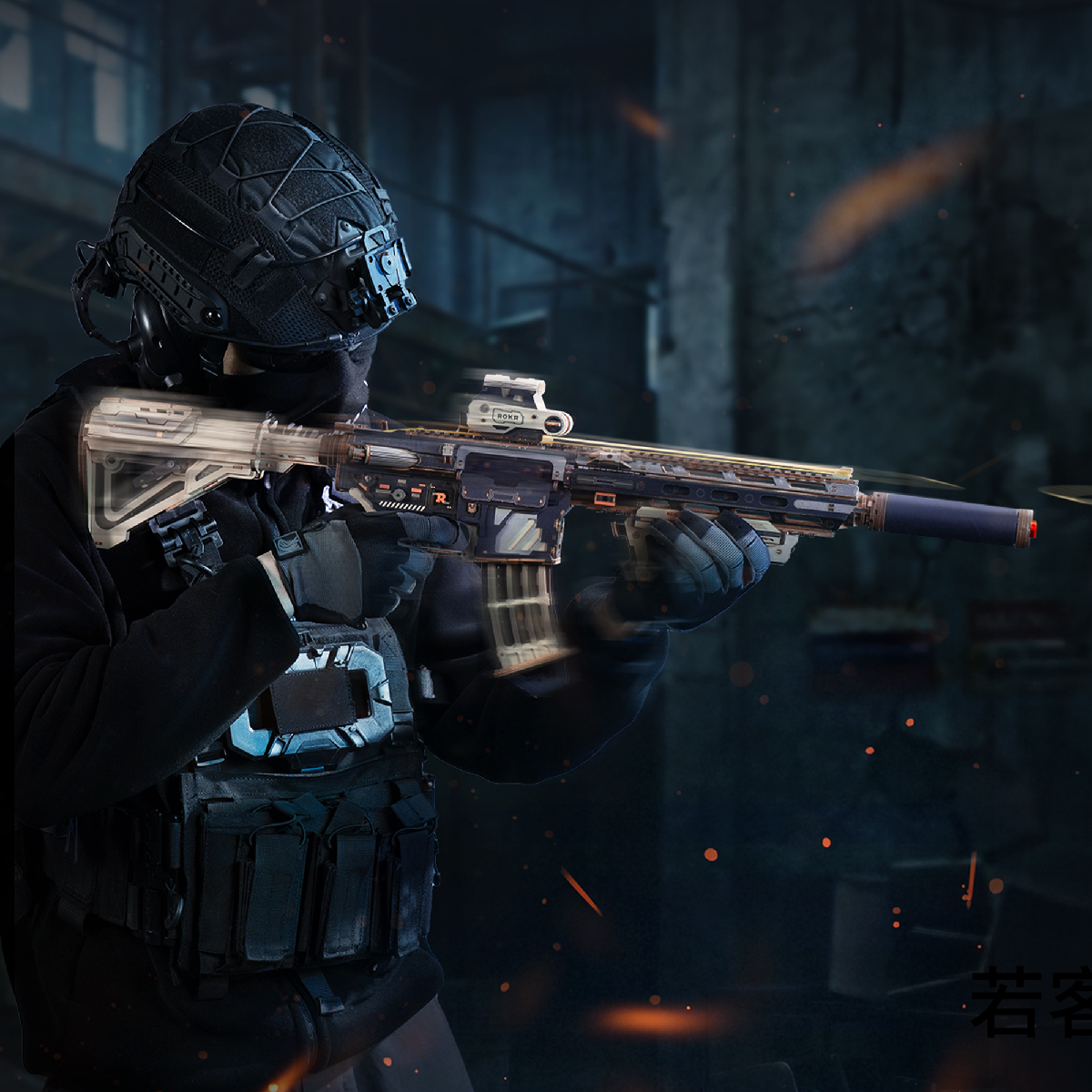 ROKR M416 Carbine LQB02 lifestyle scene with the finished model held in action pose