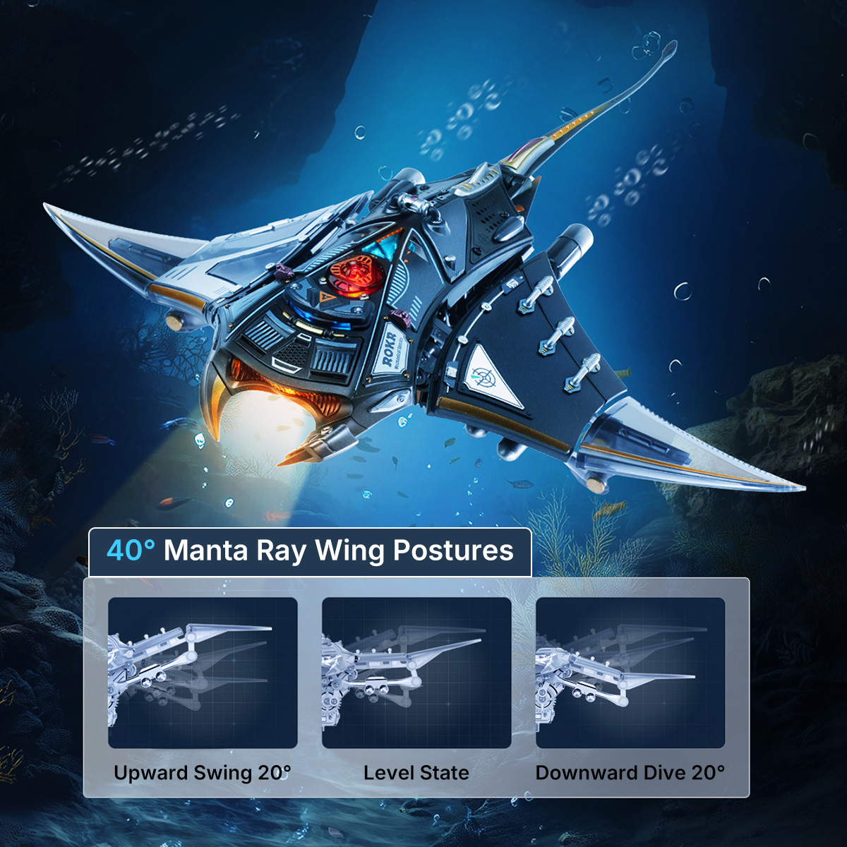 Manta Ray wing posture graphic with level, upward swing, and downward dive modes