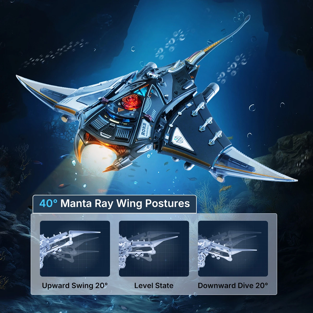 Manta Ray wing posture graphic with level, upward swing, and downward dive modes