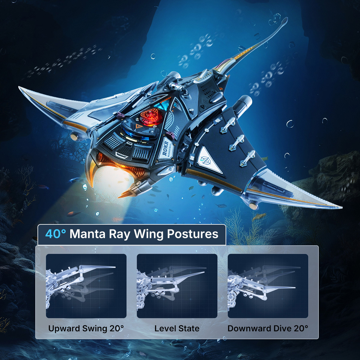 Manta Ray wing posture graphic with level, upward swing, and downward dive modes