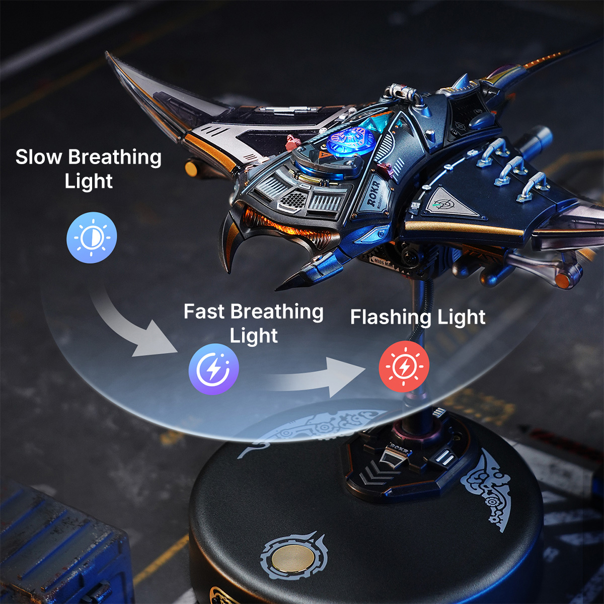 Manta Ray slow breathing, fast breathing, and flashing light modes