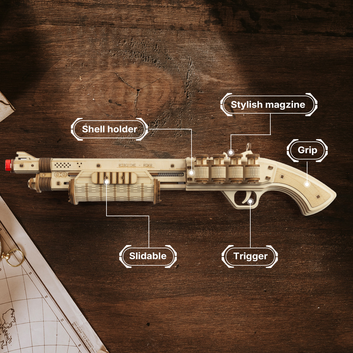 ROKR Terminator M870 LQ501 labeled parts diagram with slide and trigger