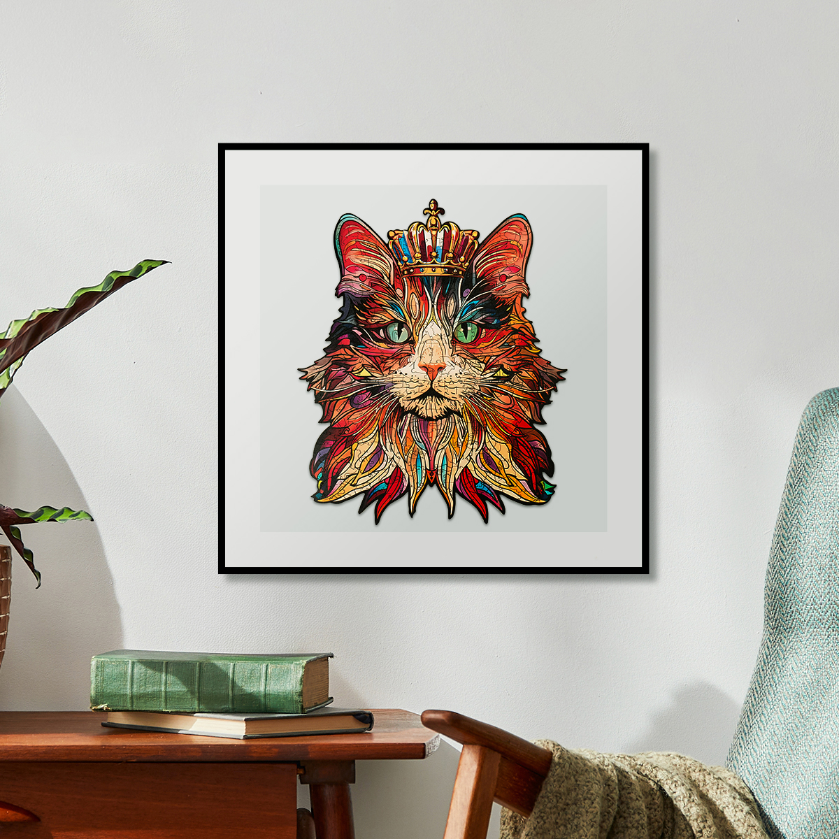Rowood Cat King wooden jigsaw puzzle framed as colorful cat wall decor