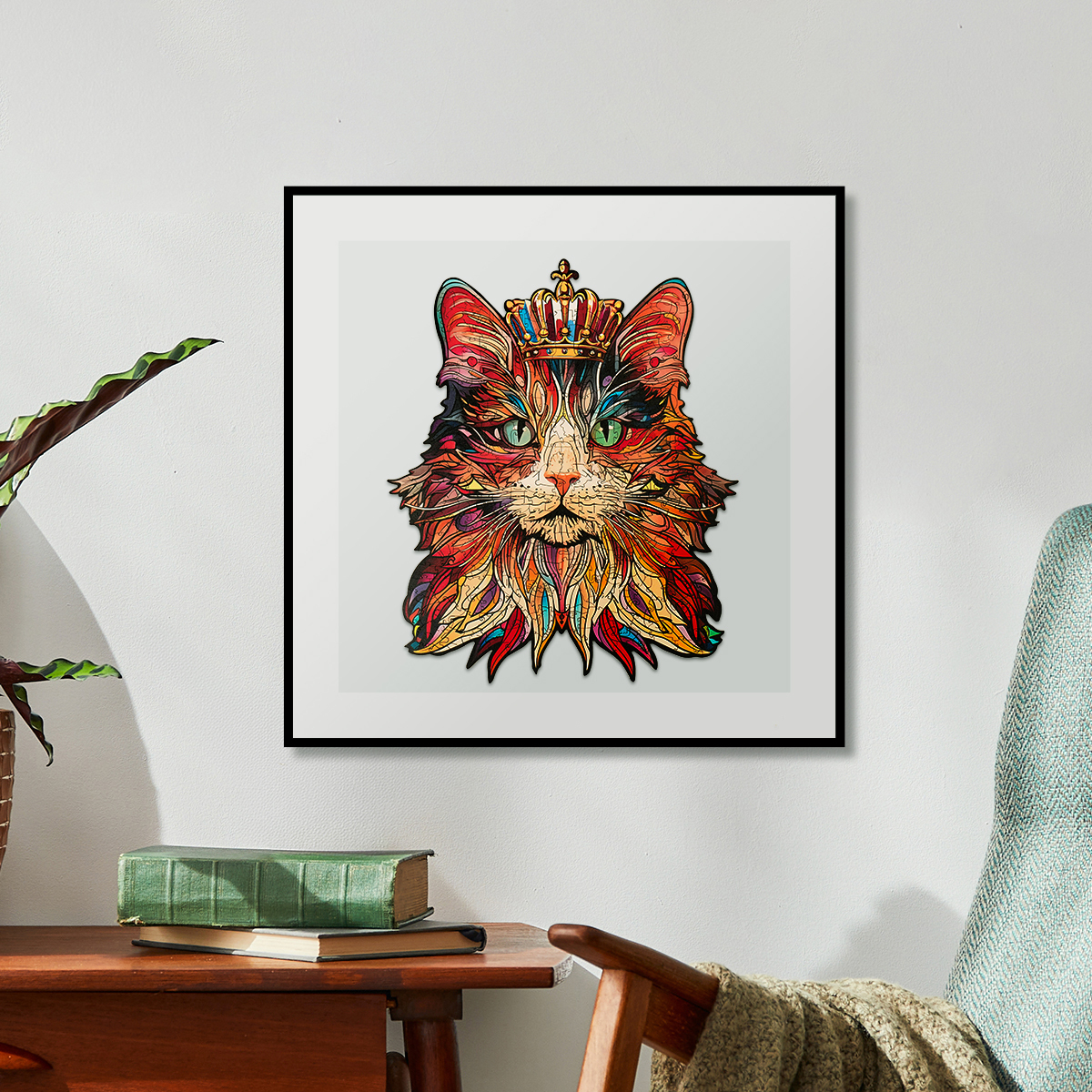 Rowood Cat King wooden jigsaw puzzle framed as colorful cat wall decor