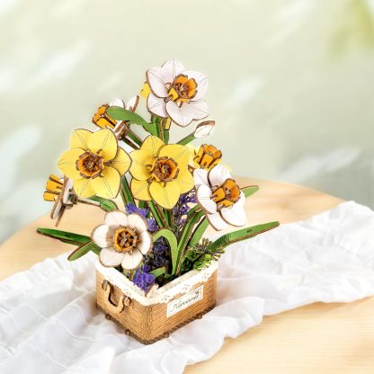 Rowood Narcissus wooden flower bouquet in basket on soft fabric