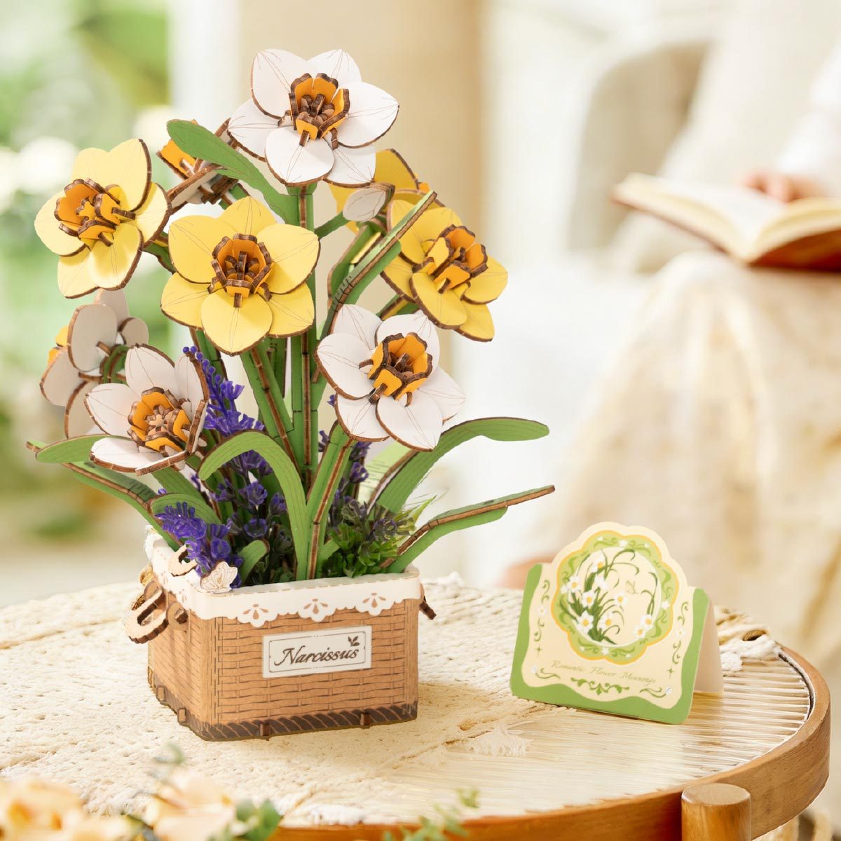 Rowood Narcissus wooden bouquet displayed on round bedside table